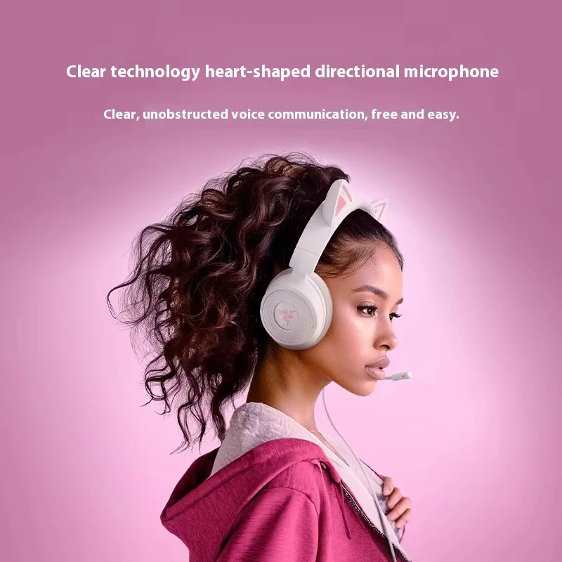 Razer Kraken Kitty V3 X Wired Headphones With Mic Head Mounted Esports Gaming Earphone Triforce Lightweight Headsets PC Laptop