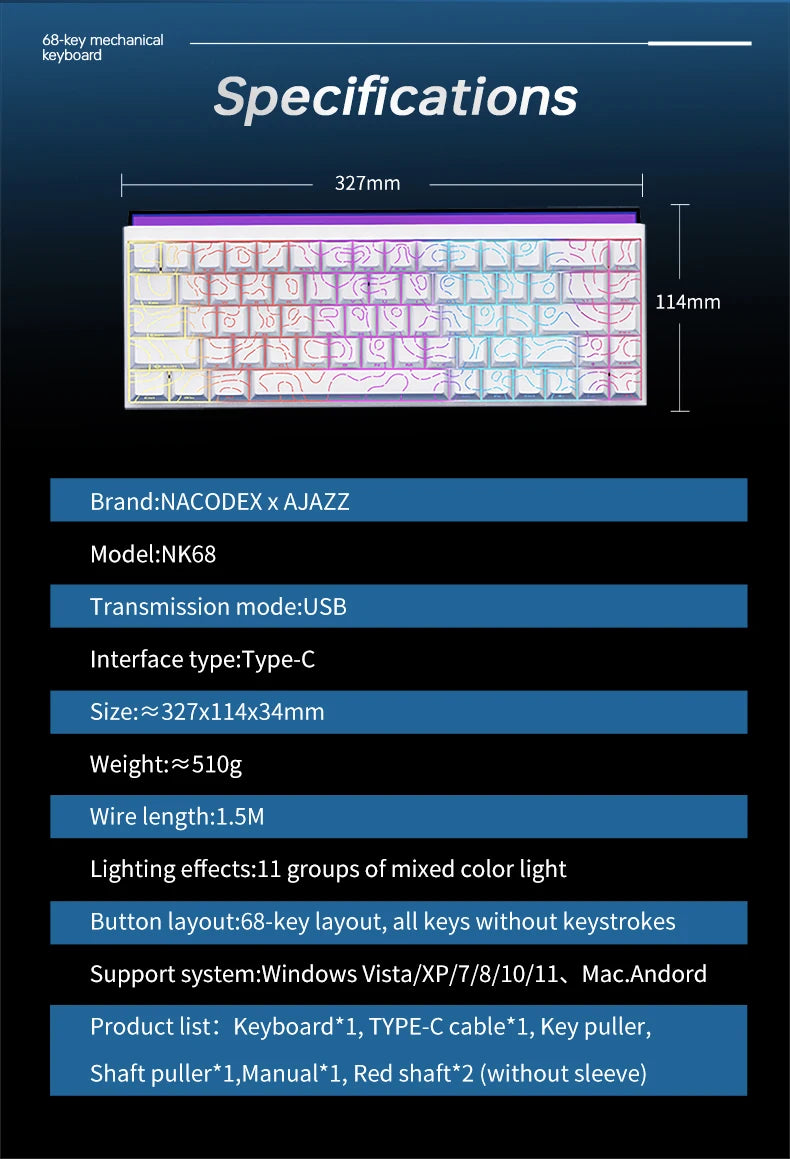 Ajazz NK68 Mechanical Gaming Keyboard full keys Hot-swappable LED strip 68 keycaps wired connection red switches
