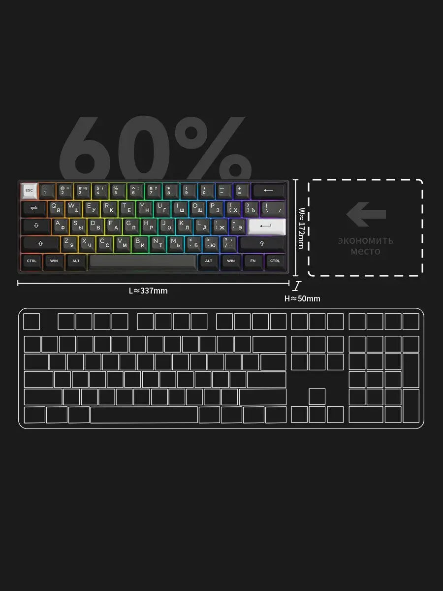 Akko 3061S Black&Silver Wired Mechanical Gaming Keyboard RGB Backlit Russian ASA Profile PBT Double Shot Keycaps