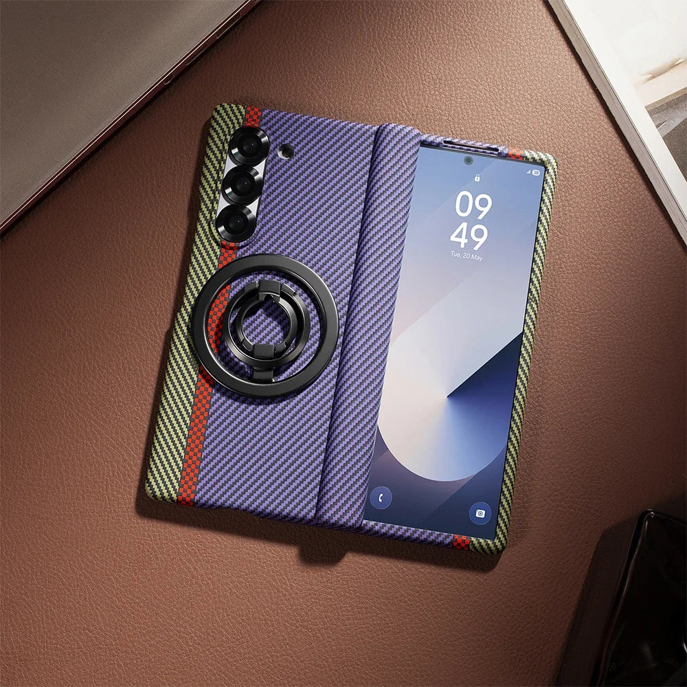 Carbon Fiber Magnetic Ring Holder Stand Case For Samsung Galaxy Z Fold 7 6 5 With Screen Glass Film Fold6 Hinge Protective Cover