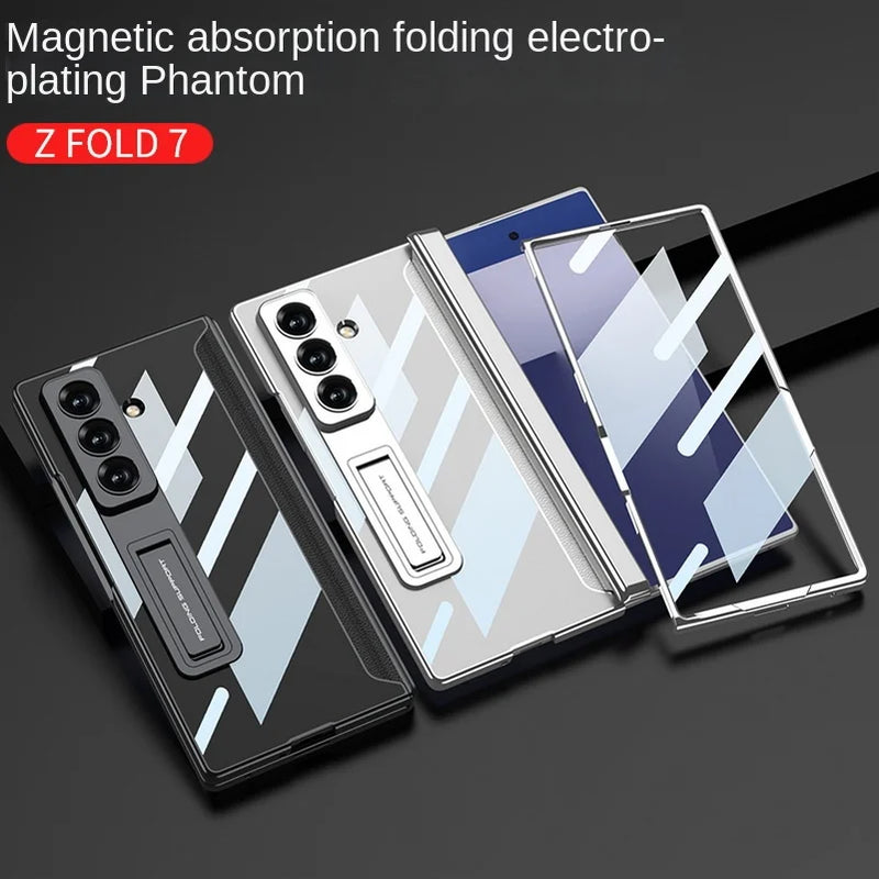 Ultra-thin Transparent Plated Frame Stand Holder with Glass Protective Film Case for Samsung Galaxy Z Fold 7 fold7 Protect Cover