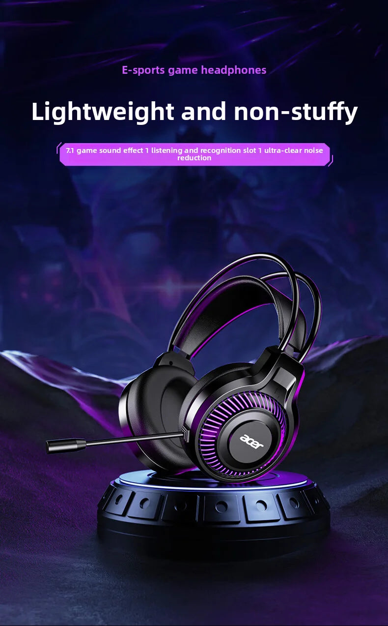 Acer OHW303 Headsets Gamer 7.1 Stereo Virtual Surround Bass Earphone Gaming Headphone with Mic LED Light for Computer PC Gamer