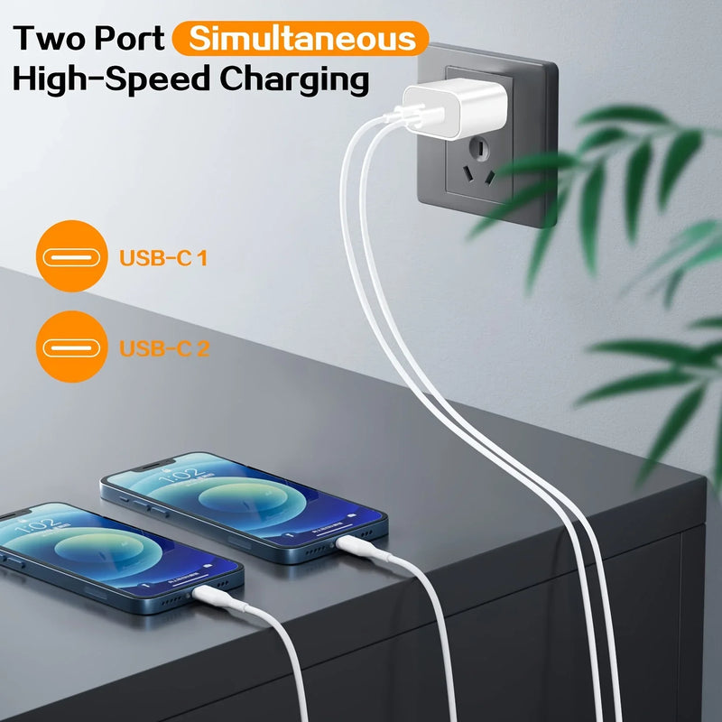 2 Pack 40W Dual Ports USB C Wall Charger Fast Charging For IPhone 15 Pro Max 15 Plus, IPad Pro Air Mini With 2X 10FT USB-C Cable