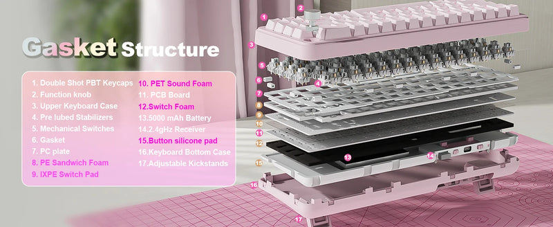 YUNZII B68 Wireless Mechanical Gaming Keyboard, Tri-Mode Hot Swappable Cute Gasket Mounted Creamy Keyboard for Win/Mac,