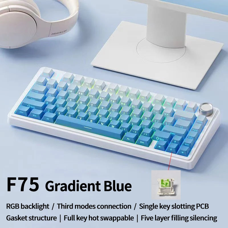 AULA F75 Wireless Game Mechanical Keyboard RGB Customized 75% Layout Side-engraving Gasket Mounted PBT Gradient Keycaps Keyboard