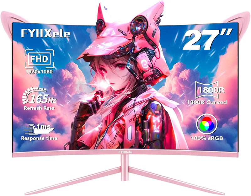 27inch Curved Pink Monitor QHD 165hz 1800R Gaming Display HDR10 Free-Sync Desktop Screen 1ms GTG  With Speakers Tilt Adjustable