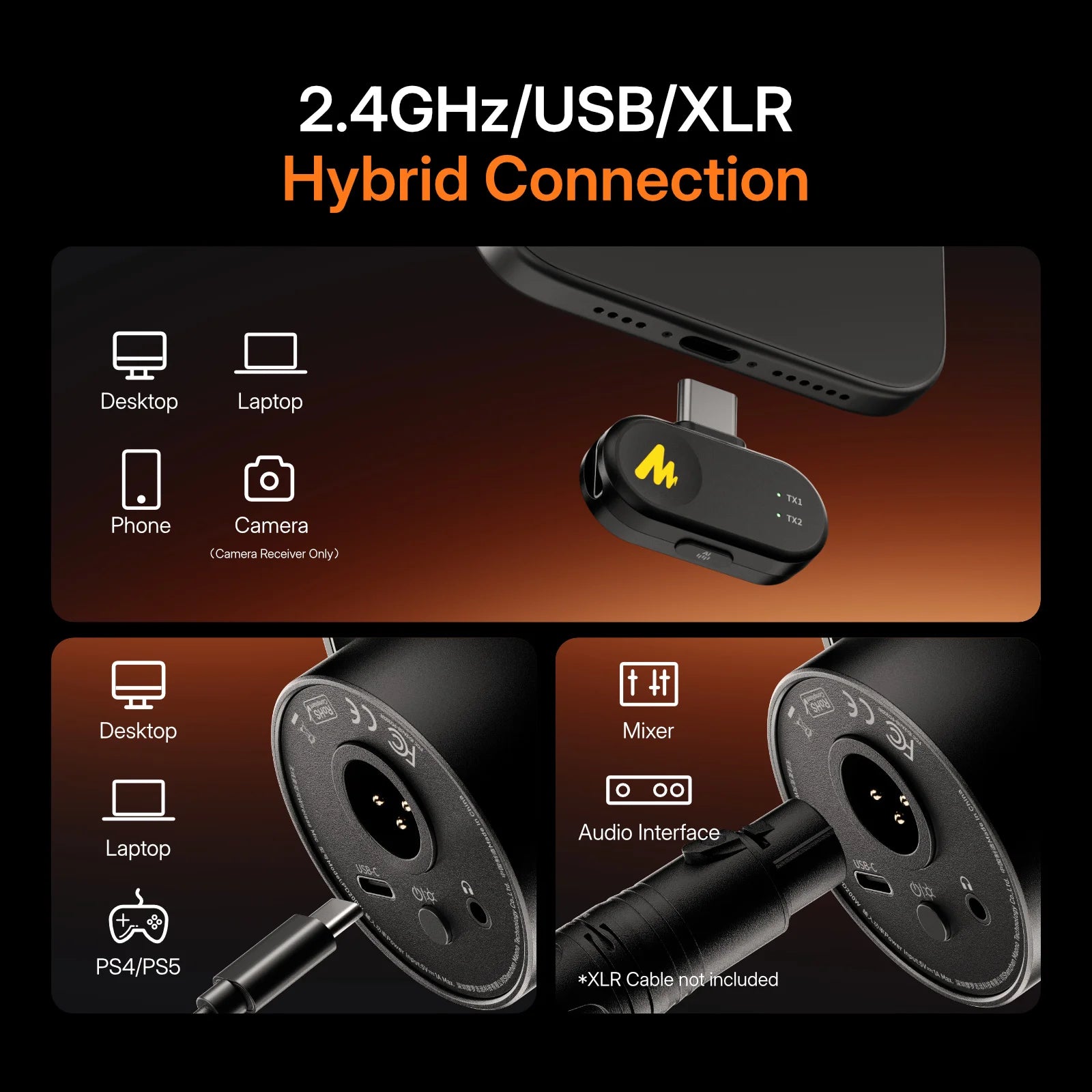 maono PD200WS Hybrid Wireless Microphone for Phone PC XLR/USB Dynamic Microphone for Podcasting Gaming Live Streaming Recording