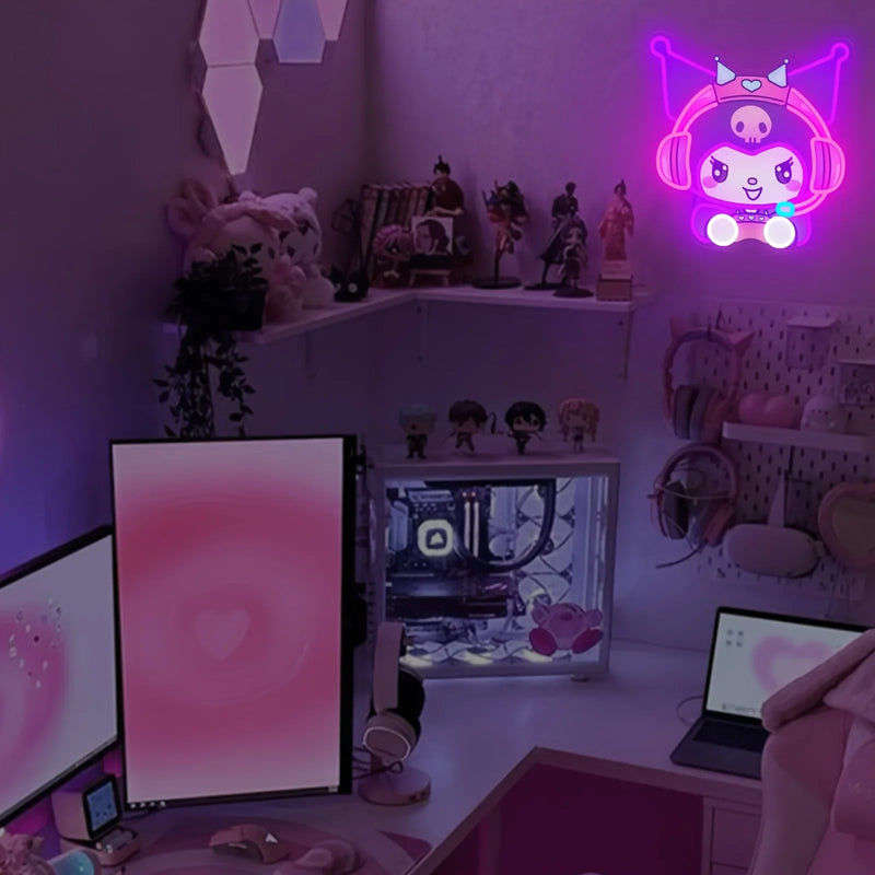 Cartoon Kuromi Plays Games Neon Sign LED Anime Neon Light Sign for Bedroom Wall Decor Birthday Gift for Fans Girls USB Dimmable