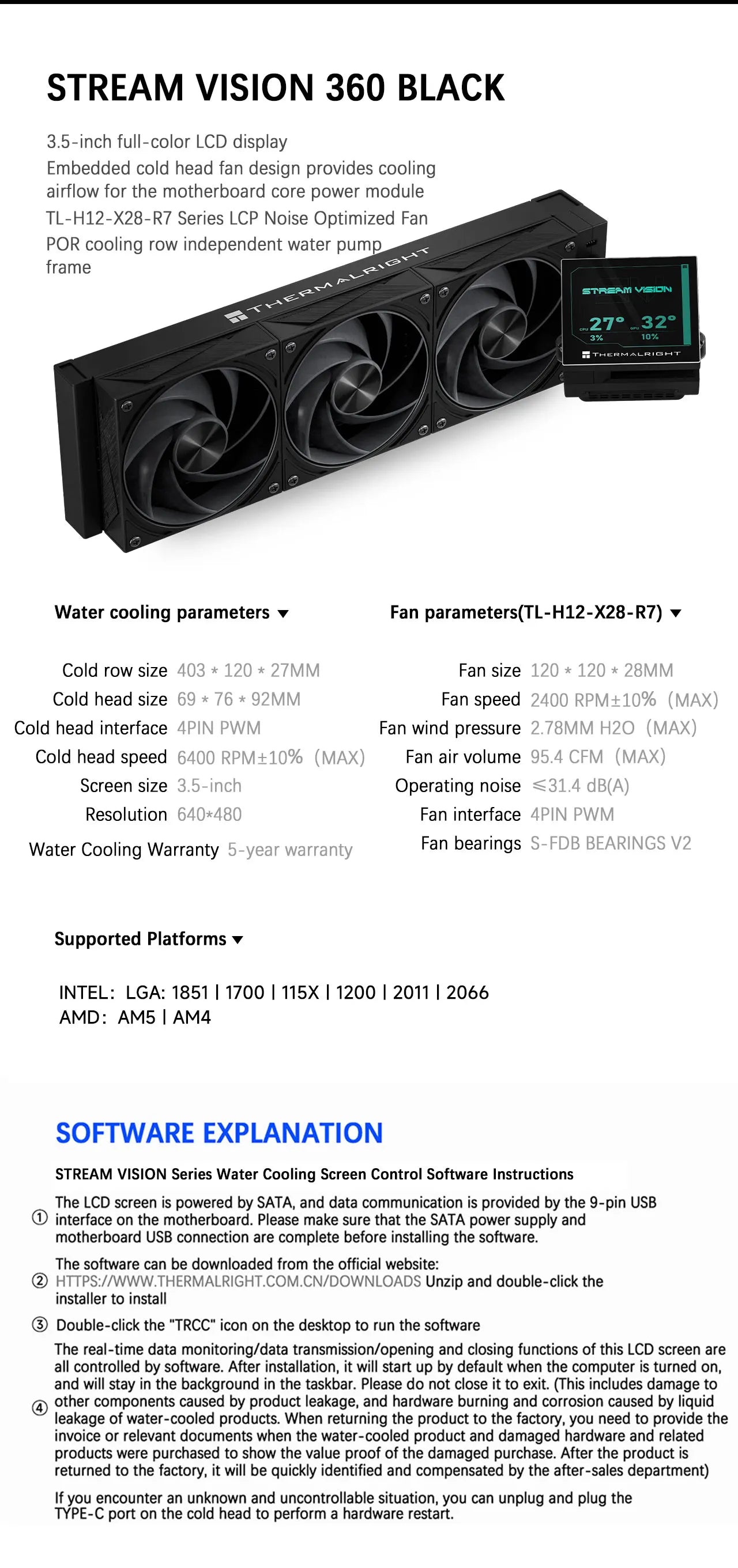 Thermalright STREAM VISION 360 360MM All-in-One Liquid Cooler Magnetic Cold Head Screen 3.5-inch IPS LCD display Water Cooling