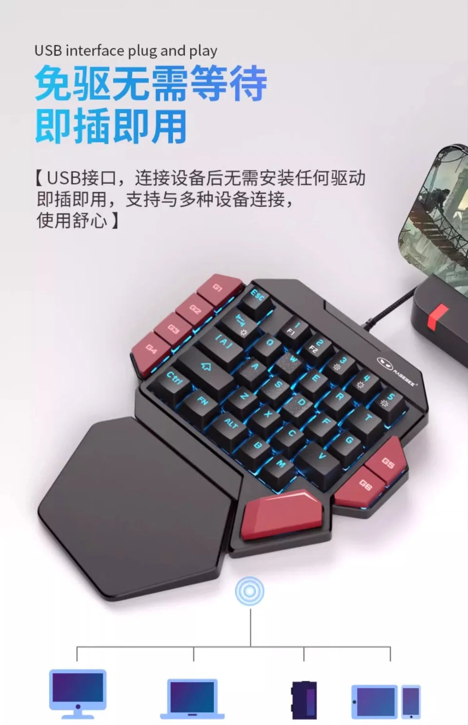 MiFuny Professional FPS Gaming Wired Mechanical One-Handed Keyboard and Mouse Set with RGB Backlit for PUBG CSGO Keyboard Kit