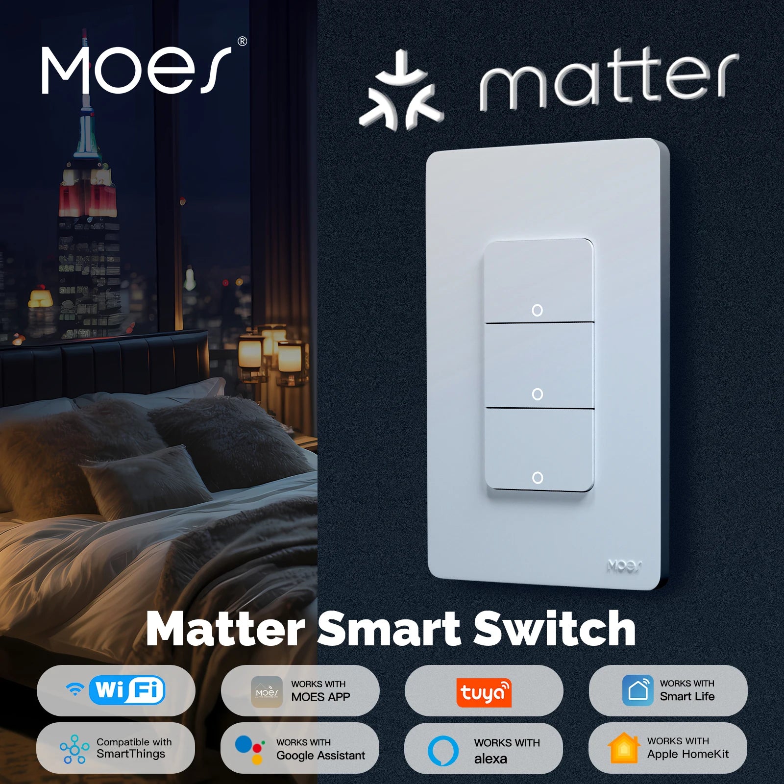 MOES WiFi Matter Switch Smart Tuya Light Button Neutral Wire Required App Control Grounding Design Alexa Google Home Apple Home