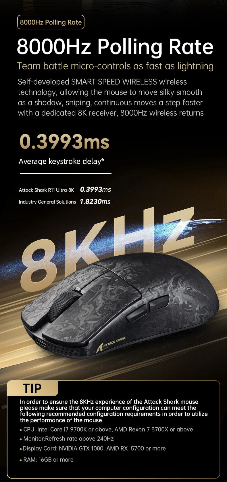 Wireless 8K Attack Shark R11 Ultra Gaming Mouse Carbon Fiber PAW3950MAX Sensor 42000DPI OMRON 100M Switch