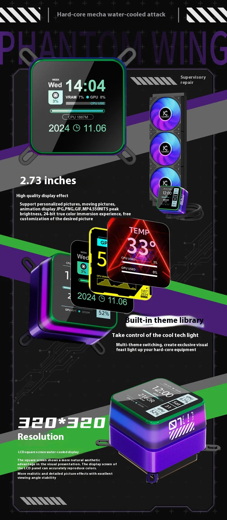 X-GAMERX S360  White/Black ARGB All-In-One LCD SCREEN AIO LIQUID COOLE Water Cooling Radiator 5V 3PIN ARGB Fan CPU Liquid Cooler