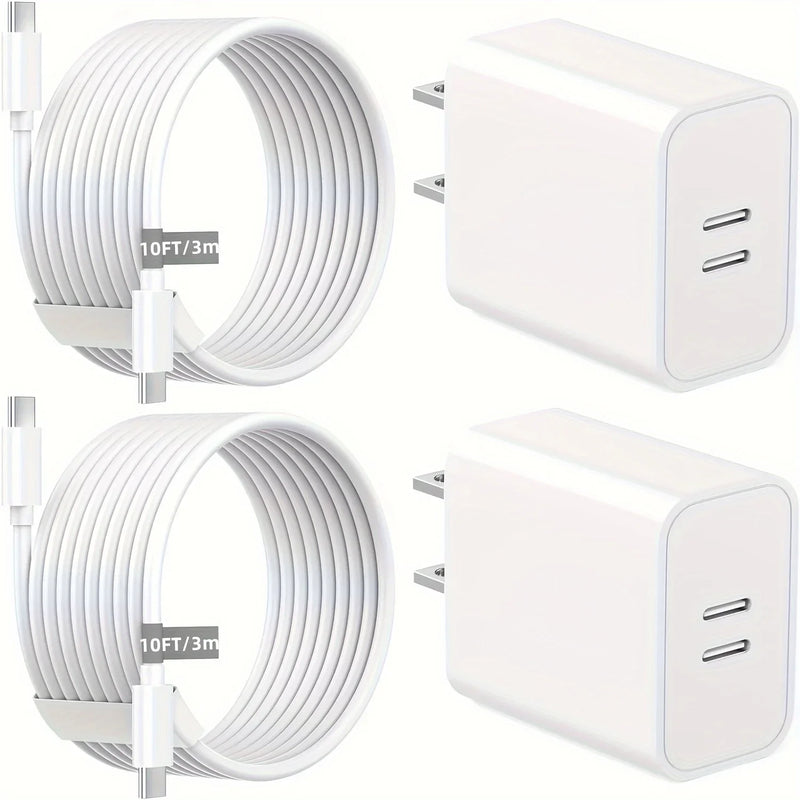 2 Pack 40W Dual Ports USB C Wall Charger Fast Charging For IPhone 15 Pro Max 15 Plus, IPad Pro Air Mini With 2X 10FT USB-C Cable
