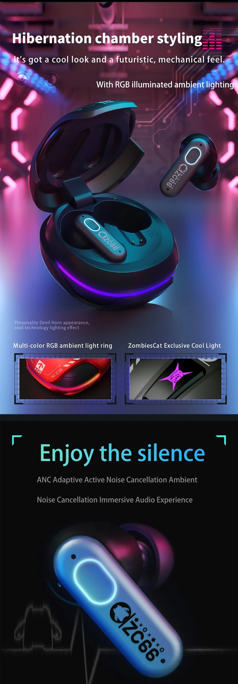 Zombie Cat B5 TWS Wireless Bluetooth headphones ANC Active Noise Cancellation Sport Music Headset Gamer Trendy Hip Hop Headset