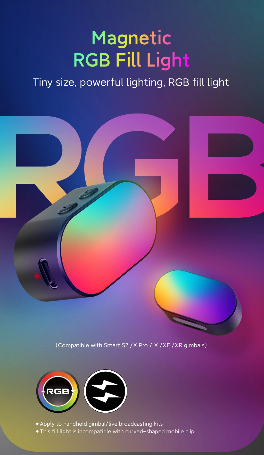 AOCHUAN Mini RGB Magnetic Fill Light 3-stop Brightness 7 Color Adjustment Gimbal LED Video Photography Light for Phone Selfie