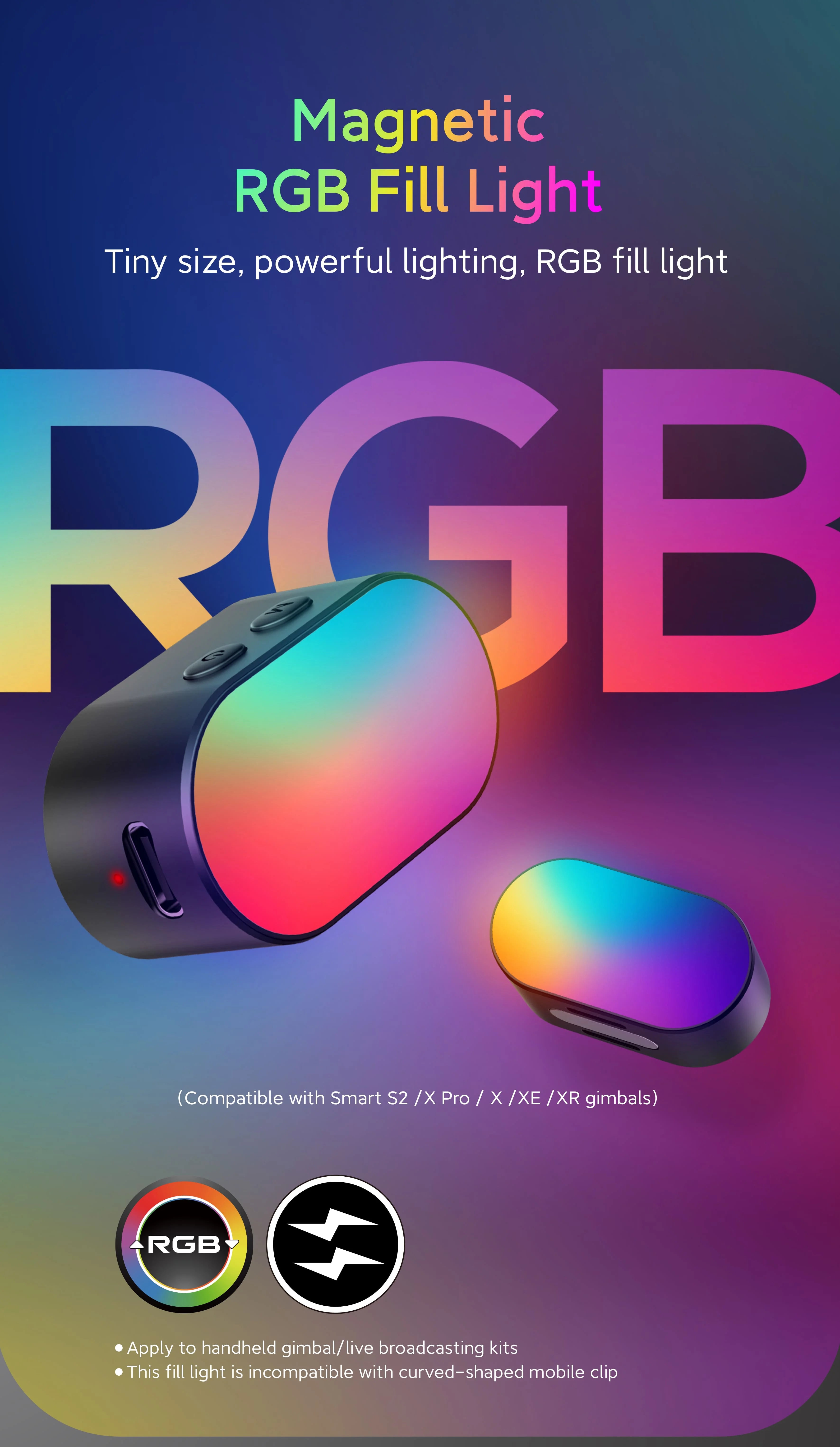 AOCHUAN Mini RGB Magnetic Fill Light 3-stop Brightness 7 Color Adjustment Gimbal LED Video Photography Light for Phone Selfie