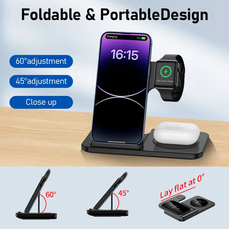 300W Fast Wireless Charger Stand Pad Foldable Fast Charging Station Dock for iPhone 16 15 14 13 12 Pro Max Apple Watch Airpods