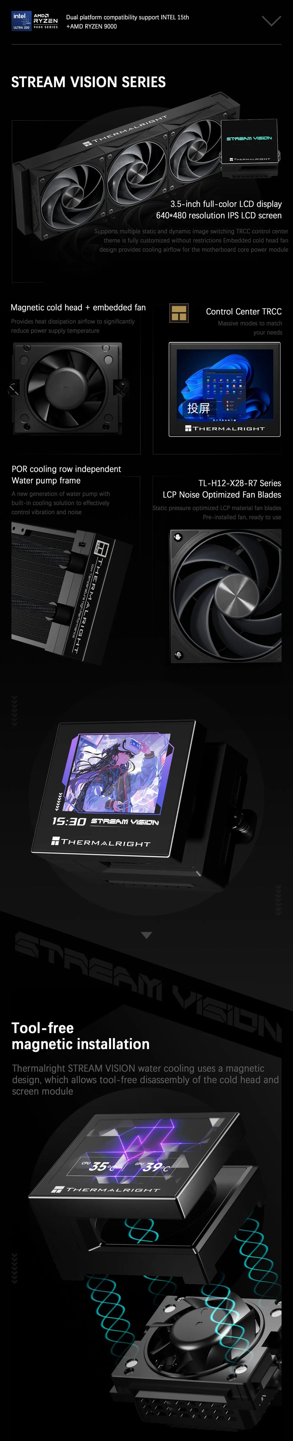 Thermalright STREAM VISION 360 360MM All-in-One Liquid Cooler Magnetic Cold Head Screen 3.5-inch IPS LCD display  Water Cooling