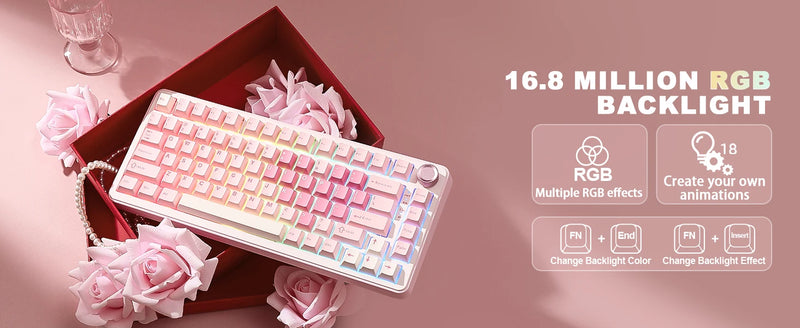 YUNZII B75 PRO Pink Mechanical Gaming Keyboard, Bluetooth/Wire/Wireless 75 Knob RGB Keyboard, Gasket Hot-Swap Custom Creamy Keeb