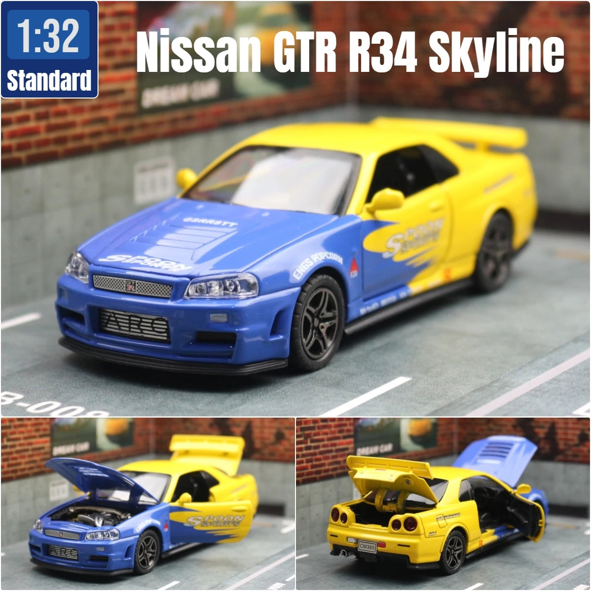 1/32 Nissan Skyline GTR R34 JDM Toy Car Model Diecast Vehicle Miniature Sound & Light Pull Back Collection Gift Children Boy