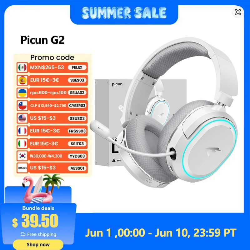 Picun G2 2.4GHz Bluetooth Wireless Gaming Headset For PC PS4 PS5 Phone Switch 5ms Low Latency 7.1 Surround Wired Headset ENC Mic