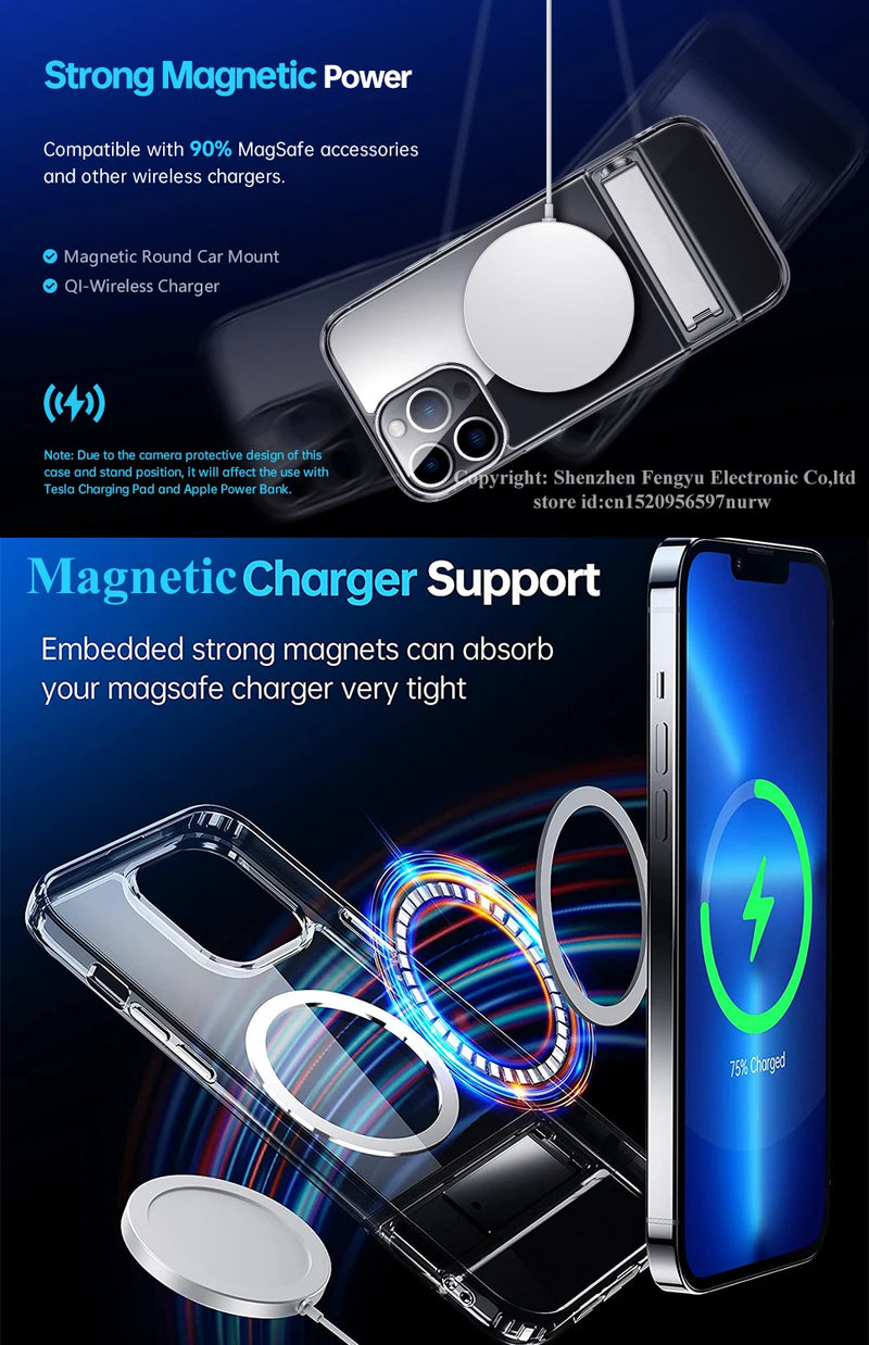 Clear Magnetic Phone Case for iPhone 16 15 14 Pro Max 13 12 11 Mini with Kickstand for MagSafe Wireless Charging Back Cover