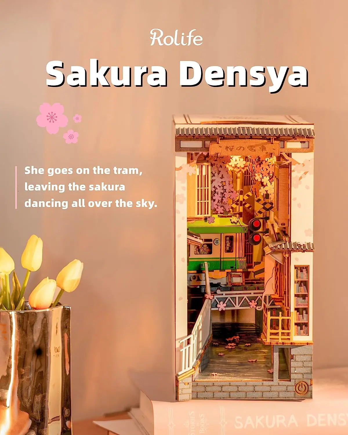 Robotime Sakura Densya Japan Book Nook Kit Glue-Free DIY Miniature House Model Kits  3D Wooden Puzzle Dust Cover Bookshelf Decoration Gift