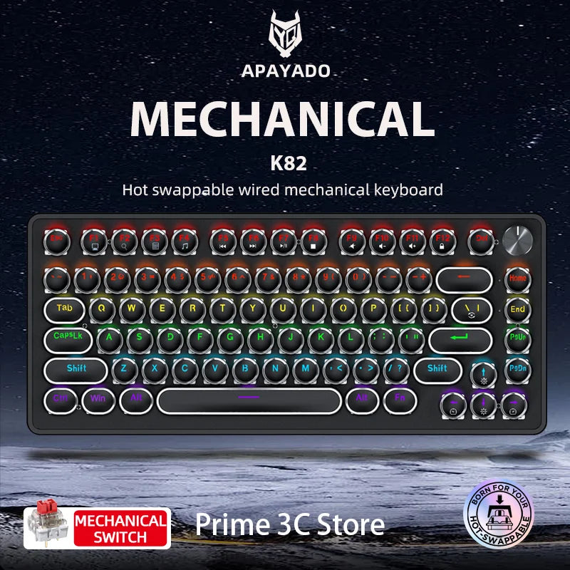 APAYADO K82 Wired Steampunk Mechanical Keyboard 75% Compact 82-Key Hot-Swappable RGB Retro Gaming Keyboard Multifunctional Knob