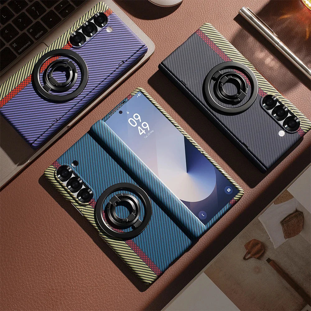 Carbon Fiber Magnetic Ring Holder Stand Case For Samsung Galaxy Z Fold 7 6 5 With Screen Glass Film Fold6 Hinge Protective Cover