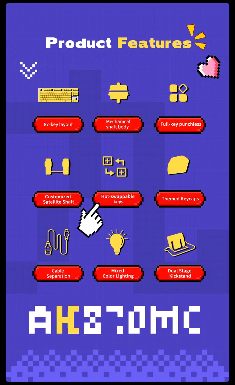 Ajazz AK870MC Wired Mechanical Gaming Keyboard 75% Layout Hot Swap Keyboards 87 Keys Red Brown Switch for Laptop Desktop PC