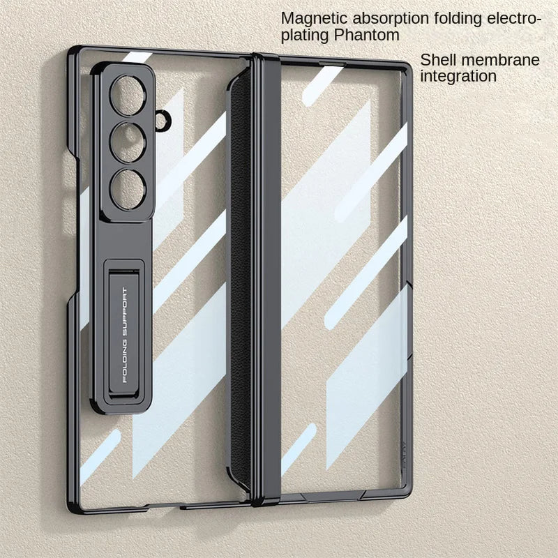 Ultra-thin Transparent Plated Frame Stand Holder with Glass Protective Film Case for Samsung Galaxy Z Fold 7 fold7 Protect Cover