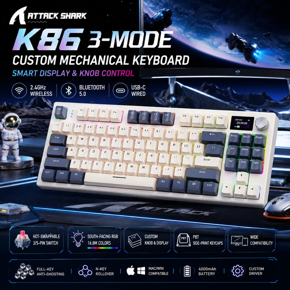 Attack Shark K86 Tri-Mode Wireless Mechanical Keyboard | RGB, Hot-Swappable, Metal Knob, TFT Display & Macro Support