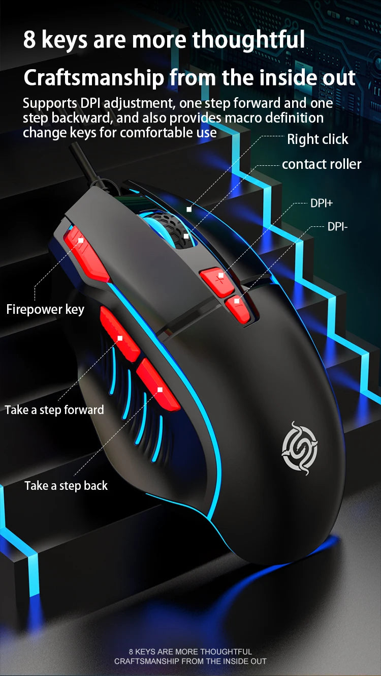 K-Snake Q6 Wired USB Gaming Mouse Desktop PC/Notebook Home Office Glow 8 Button Mouse 7200DPI Macro Programming