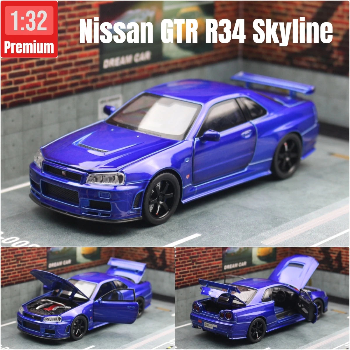 1/32 Nissan Skyline GTR R34 JDM Toy Car Model Diecast Vehicle Miniature Sound & Light Pull Back Collection Gift Children Boy