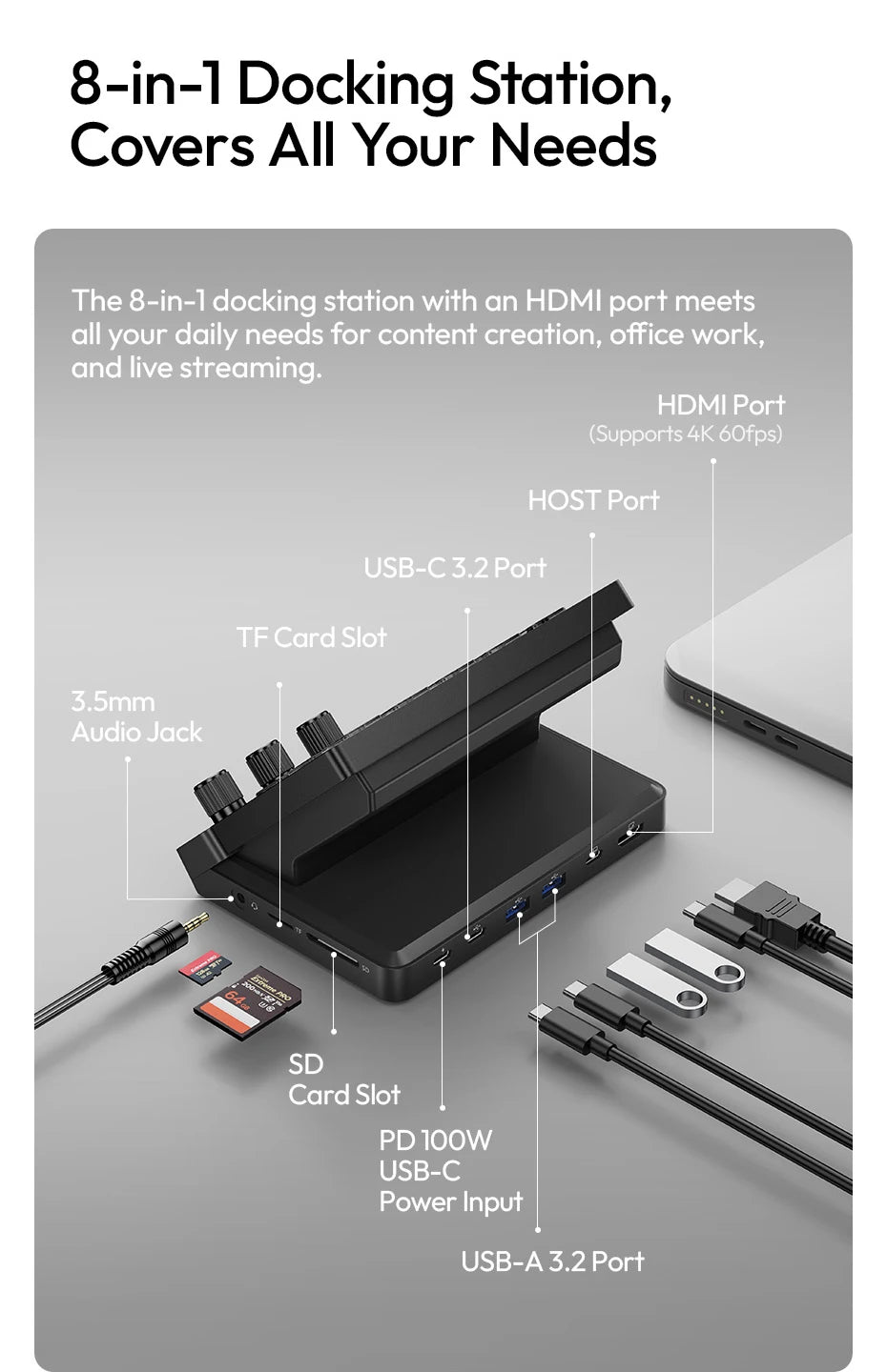 Ulanzi D200X All-in-One Creative Deck Studio Controller for Video/Photo Editing 8-in-1 Docking Station with Audio Jack 4K HDMI