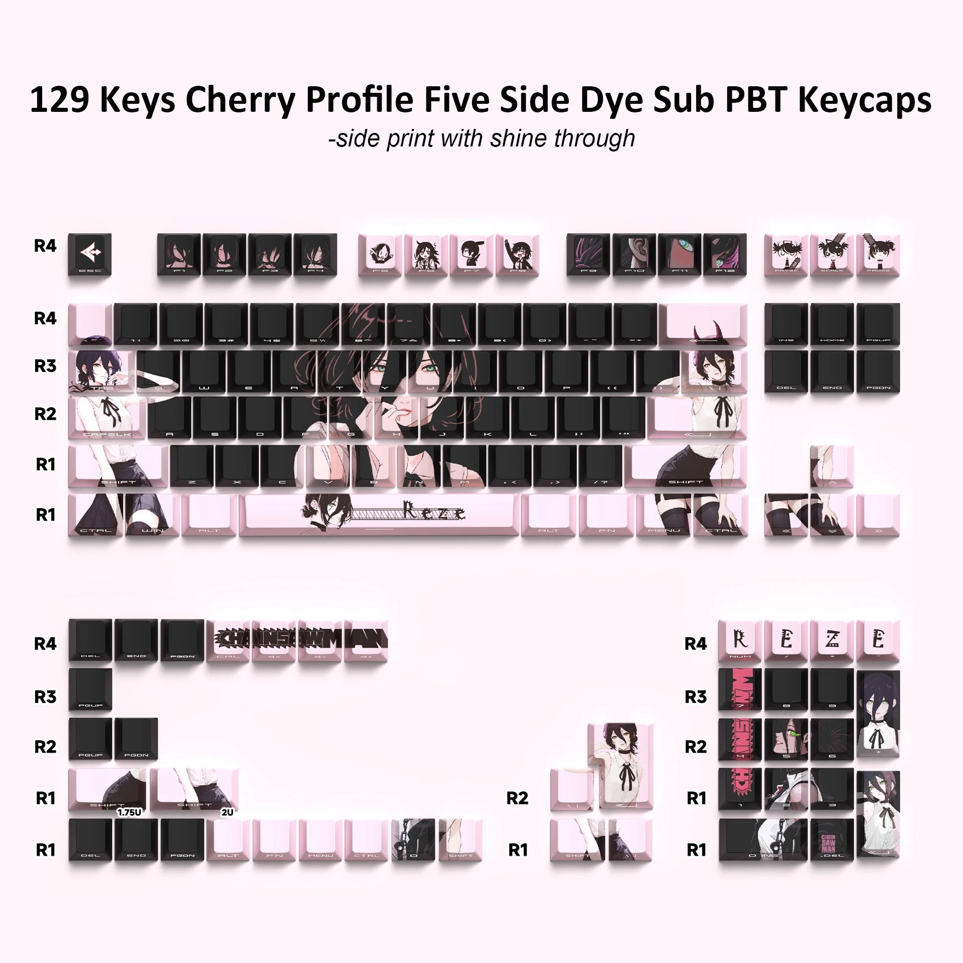 129 Keys Swordsman 5 Sides Dye Sub PBT Keycap Cherry Profile Side Printed Shine Through Keycaps for MX Switches Gaming Keyboard