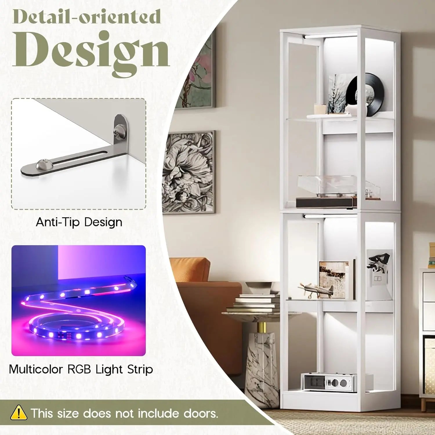 RGB Display Cabinet with Adjustable Shelves, 4-Tier Storage Case with LED Lights, Modern Display Shelf for, Customized
