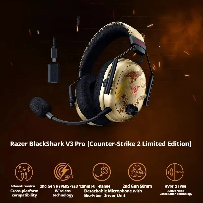 Razer BlackShark V3 Pro&CS2 Co-Branded Bluetooth Wireless Gaming Headphone Active Noise Cancellation with Detachable Microphone