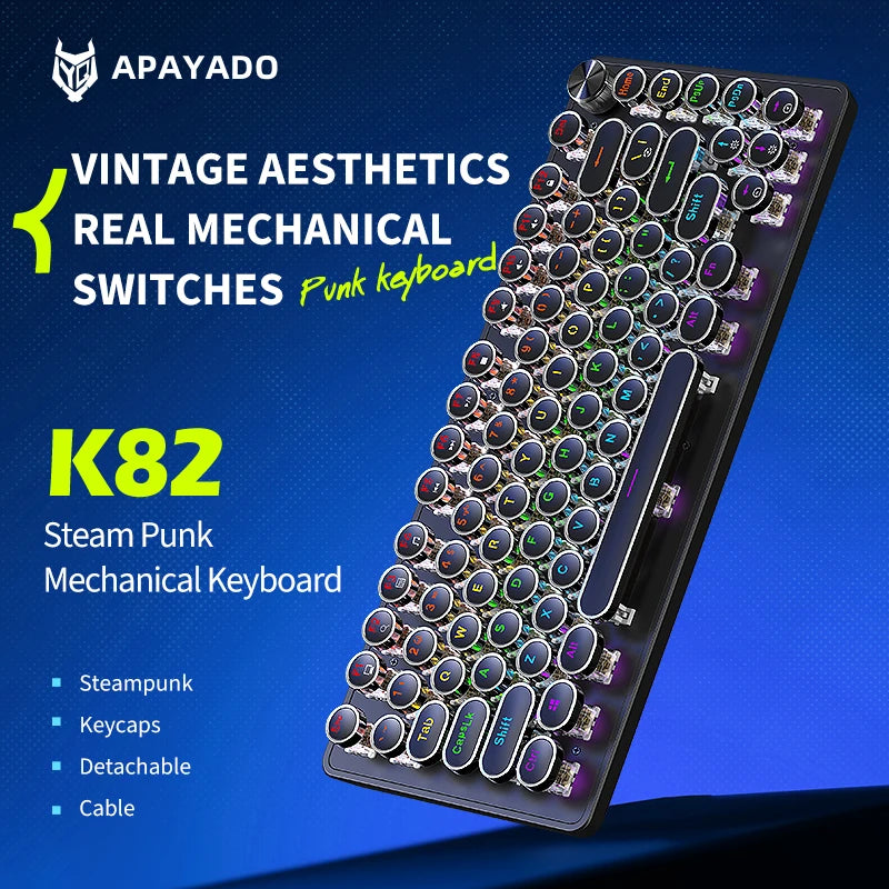 APAYADO K82 Wired Steampunk Mechanical Keyboard 75% Compact 82-Key Hot-Swappable RGB Retro Gaming Keyboard Multifunctional Knob