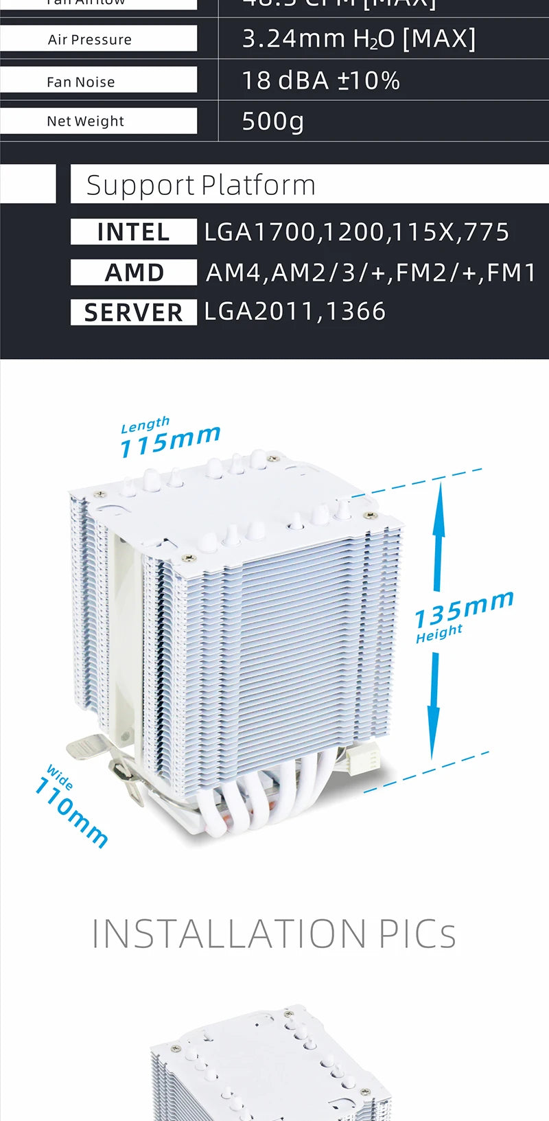 Z135 All White CPU Cooler With 6 HeatPipes Support 1700/1200/115x/AM4 Efficient 4Pin PWM ARGB Fan Quiet Ventilador Radiator