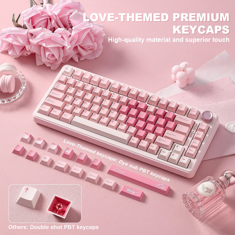 YUNZII B75 PRO Pink Mechanical Gaming Keyboard, Bluetooth/Wire/Wireless 75 Knob RGB Keyboard, Gasket Hot-Swap Custom Creamy Keeb
