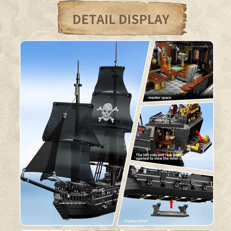 Black Pirate Ship Building Blocks Skeleton Ghost Boat Model Assembly Bricks Toys Desktop Decoration Kid Birthday Boy Adult Gifts