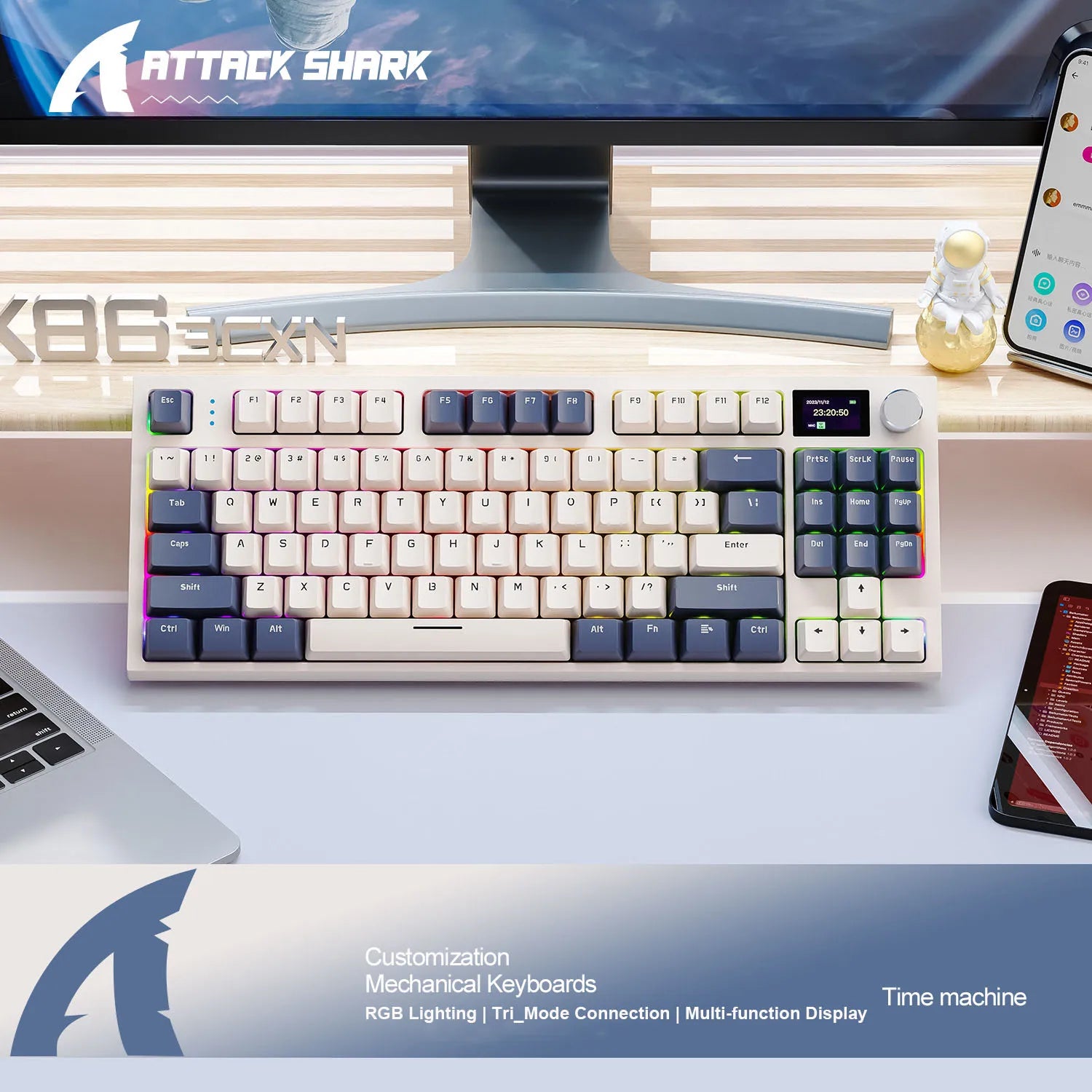 Attack Shark K86 Tri-Mode Wireless Mechanical Keyboard | RGB, Hot-Swappable, Metal Knob, TFT Display & Macro Support