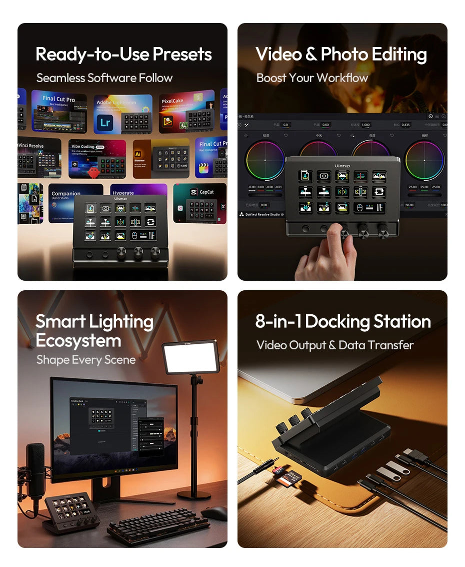 Ulanzi D200X All-in-One Creative Deck Studio Controller for Video/Photo Editing 8-in-1 Docking Station with Audio Jack 4K HDMI