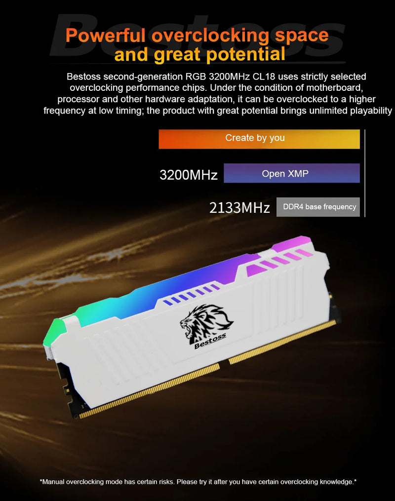 Bestoss Memoria RAM DDR4 RGB 8GB 16B 32GB 3200MHz DIMM RAM Desktop Memory Gaming High Performance
