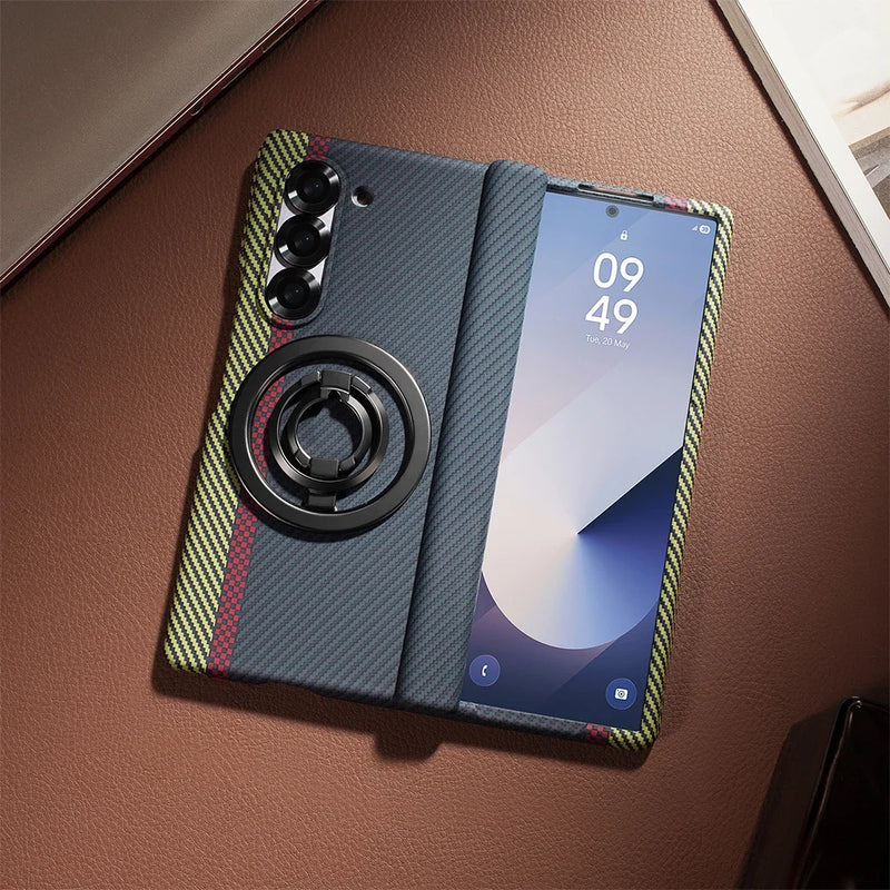 Carbon Fiber Magnetic Ring Holder Stand Case For Samsung Galaxy Z Fold 7 6 5 With Screen Glass Film Fold6 Hinge Protective Cover