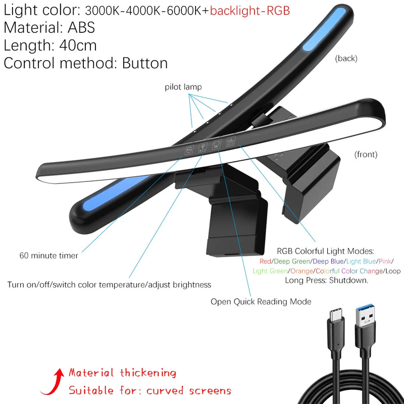 33-60cm Monitor Light Bar PC RGB Background Lighting Eye Protection Dimming Reading/Gaming/Work Lamp Timed Night Light