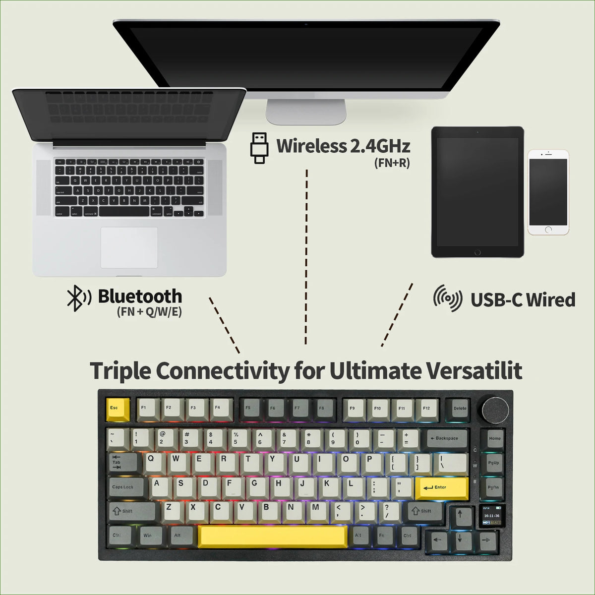 Ajazz AK820 Pro 75% Gasket-mounted Bluetooth 5.1/2.4G Wireless/Wired Mechanical Keyboard with TFT Screen for Mac/Win