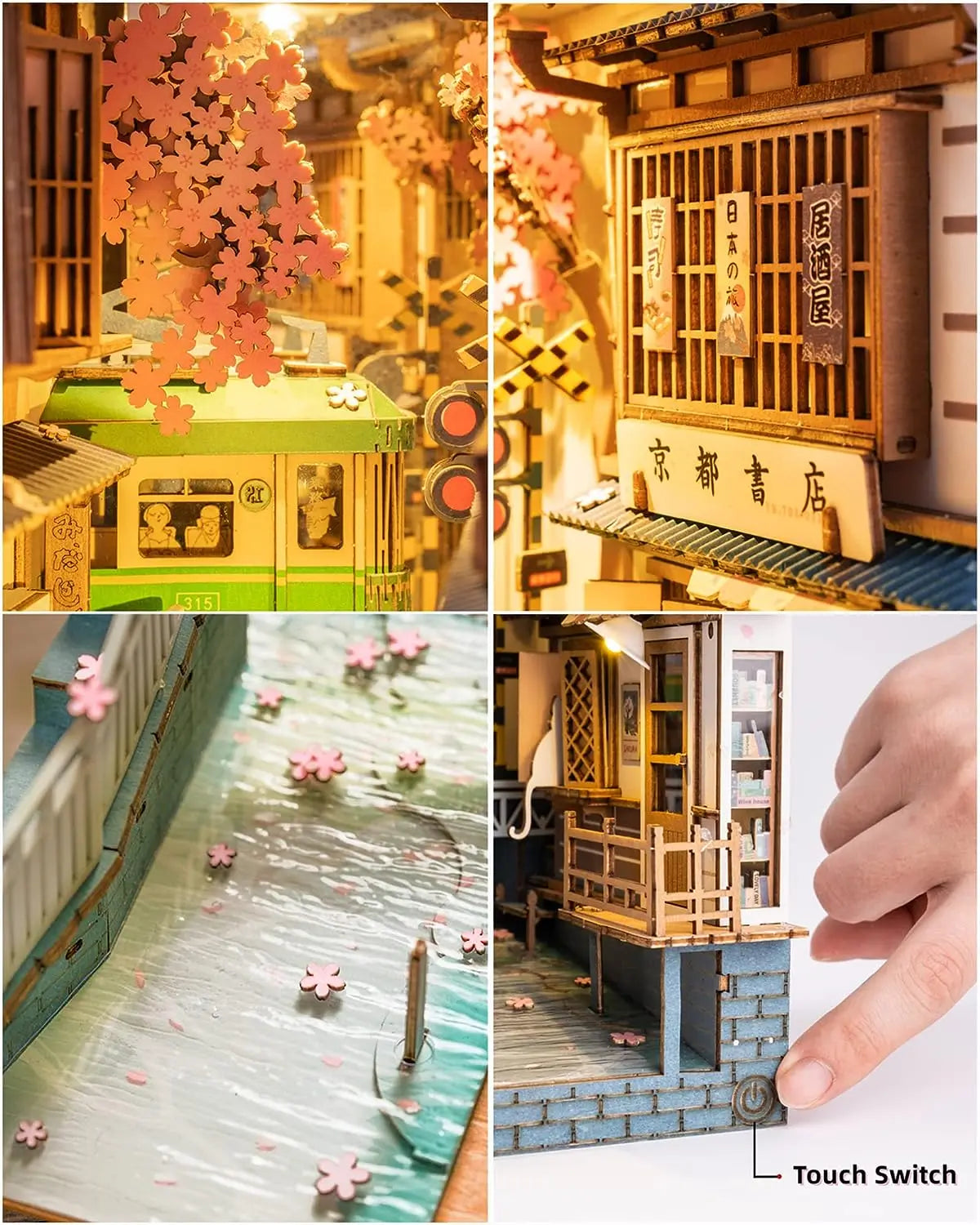 Robotime Sakura Densya Japan Book Nook Kit Glue-Free DIY Miniature House Model Kits  3D Wooden Puzzle Dust Cover Bookshelf Decoration Gift